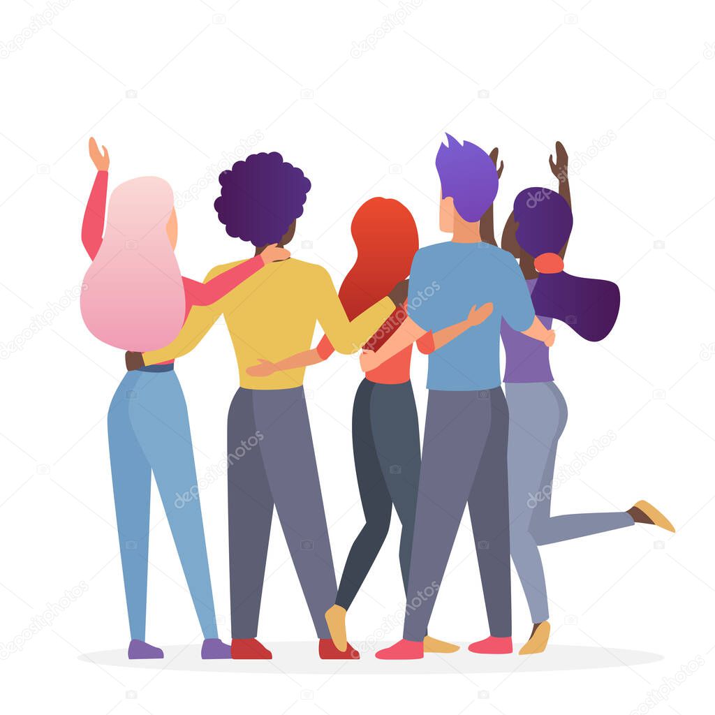 Diverse friend group of people hugging together. Back view of teenage boys and girls or school friends standing together, embracing each other, waving hands vector illustration