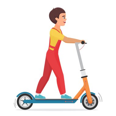 Elektrikli scooter kullanan çocuk düz vektör çizimi