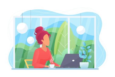 Kafe düz vektör illüstrasyonunda dizüstü bilgisayarı olan kadın.