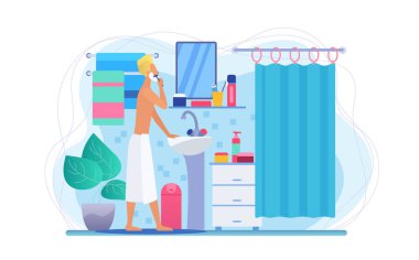 Banyo düz vektör illüstrasyonundaki adam