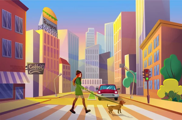 Kvinna promenader hund i staden platt vektor illustration — Stock vektor
