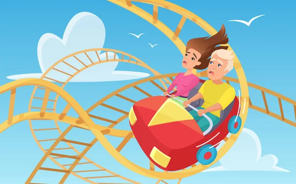 Mężczyzna i kobieta na roller coaster płaski wektor ilustracji — Wektor stockowy