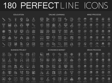 Koyu siyah arkaplanda 180 modern ince çizgi simgesi var. Eğitim, çevrimiçi öğrenme, zihin süreci, iş projesi, ekonomi pazarı, beyin süreci izole.