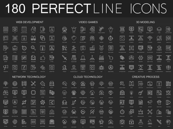 180 modern thin line icons set on dark black background. Web development, video games, 3d modeling, network technology, cloud data technology, creative process isolated.