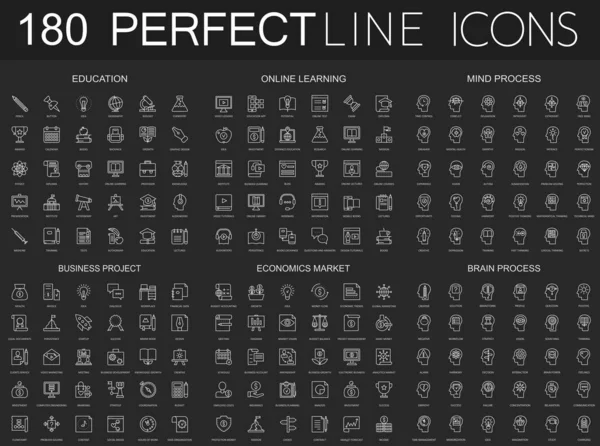 180 iconos modernos de línea delgada sobre fondo negro oscuro. Educación, aprendizaje en línea, proceso mental, proyecto empresarial, mercado económico, proceso cerebral aislado . — Vector de stock