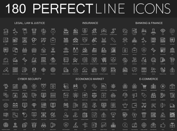 180 moderne tynd linje ikoner indstillet på mørk sort baggrund. Juridisk, lov og ret, forsikring, bankfinansiering, cybersikkerhed, økonomi marked, e-handel . – Stock-vektor