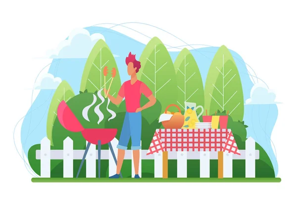 Bbq op de binnenplaats platte vector illustratie — Stockvector