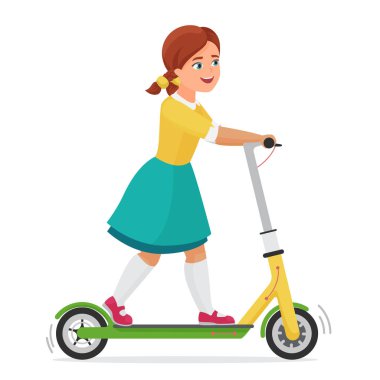 Elektrikli scooter düz vektör illüstrasyonlu küçük şirin kız.
