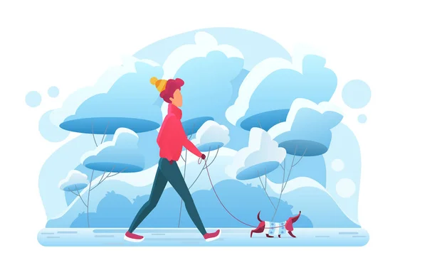 Молодой человек гуляет с собакой на векторной иллюстрации зимнего парка. Парень с таксой. Досуг любителей домашних животных, свежий холодный воздух. Владелец домашнего животного на прогулке в парке с собакой — стоковый вектор