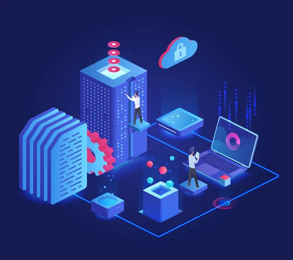 Database dark neon isometric vector illustration - Stok Vektor