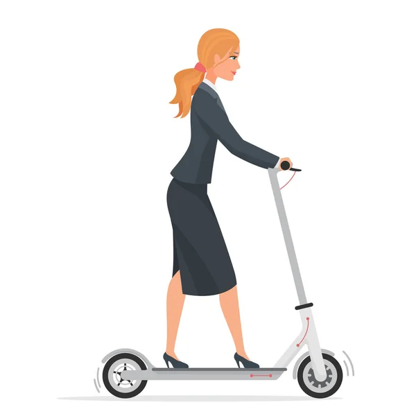 Mujer de negocios en scooter eléctrico ilustración vector plano — Archivo Imágenes Vectoriales