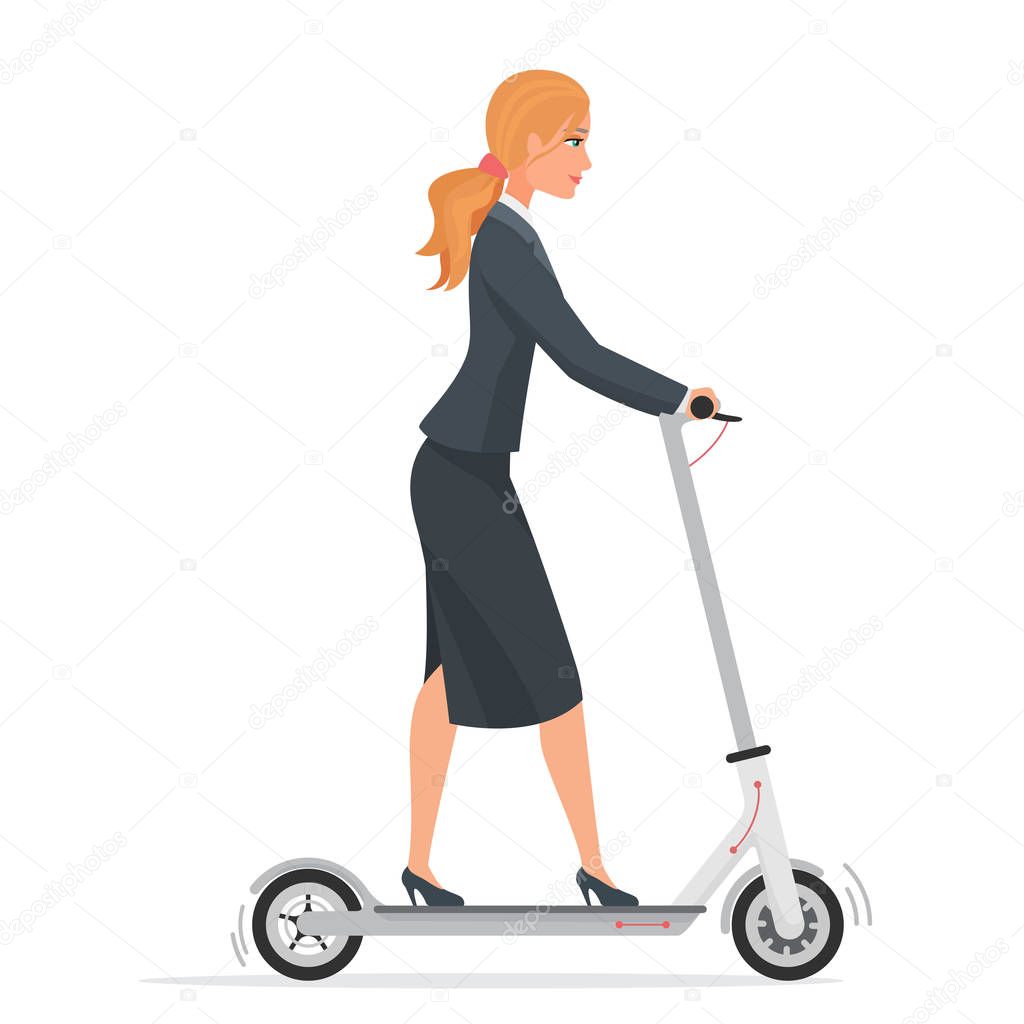 Business woman on electric scooter flat vector illustration