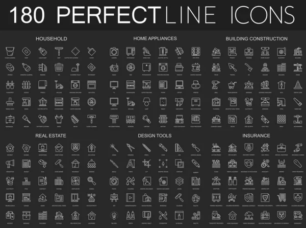 180 moderne dünne Linien-Symbole auf dunkelschwarzem Hintergrund. Haushalt, Haushaltsgeräte, Hochbau, Immobilien, Konstruktionswerkzeuge, Versicherungen isoliert. — Stockvektor