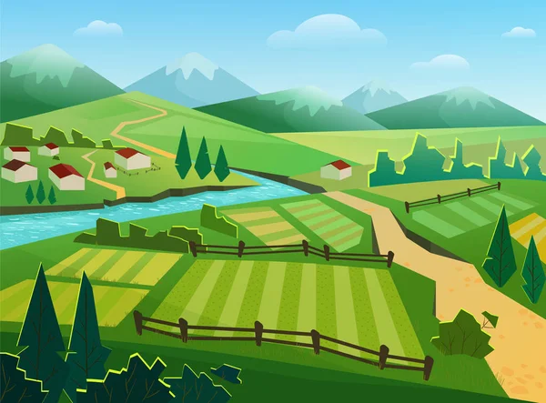 Green fields and mountains flat vector illustration — Stock Vector