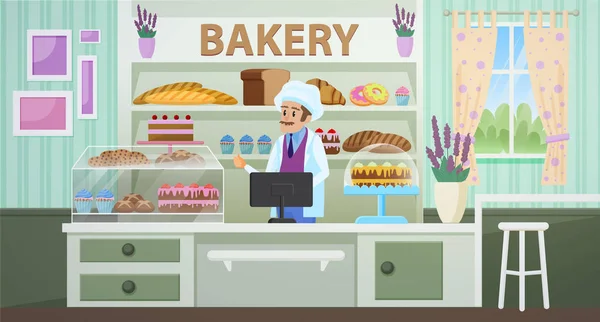 Panadería tienda con panadero dibujo animado vector plano ilustración — Archivo Imágenes Vectoriales
