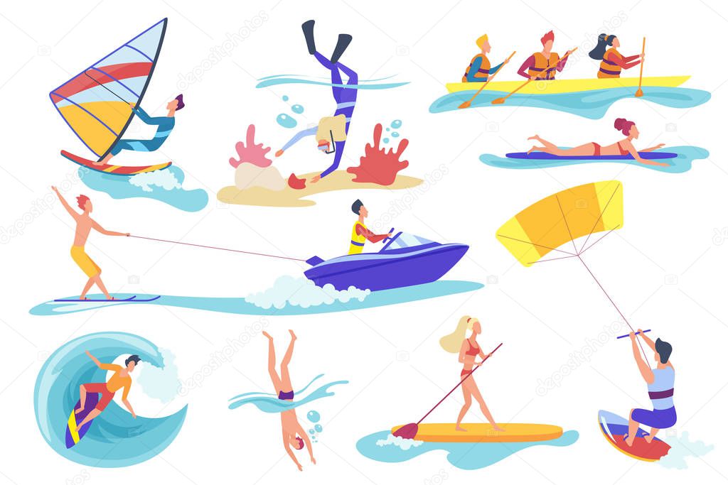 Flat cartoon different female male involved in water sports activities.