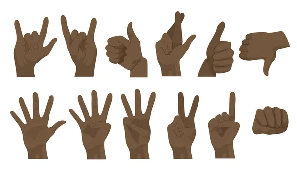 Vector variou ρεαλιστικές μαύρες αφρικανικές αμερικανικές χειρονομίες ανθρώπινο χέρι σε διαφορετικές θέσεις. Χέρια που εκπροσωπούν, διαδραστική επικοινωνία, προβολή και κατάδειξη. — Διανυσματικό Αρχείο
