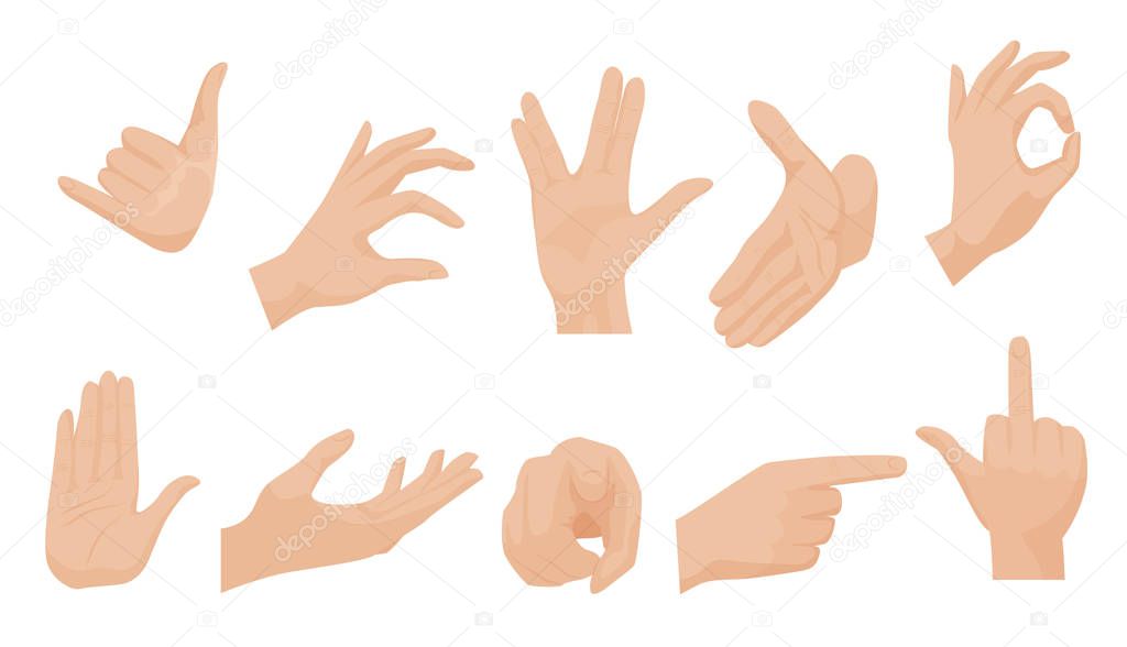 Vector flat style set of various human hands gestures. Different signs and emotions, hands representing, interactive communication