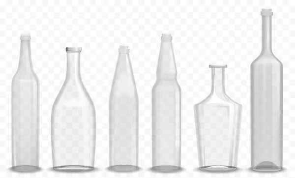 Realistická skleněná prázdná láhev v různých designových sadách vectro ilustrace. — Stockový vektor