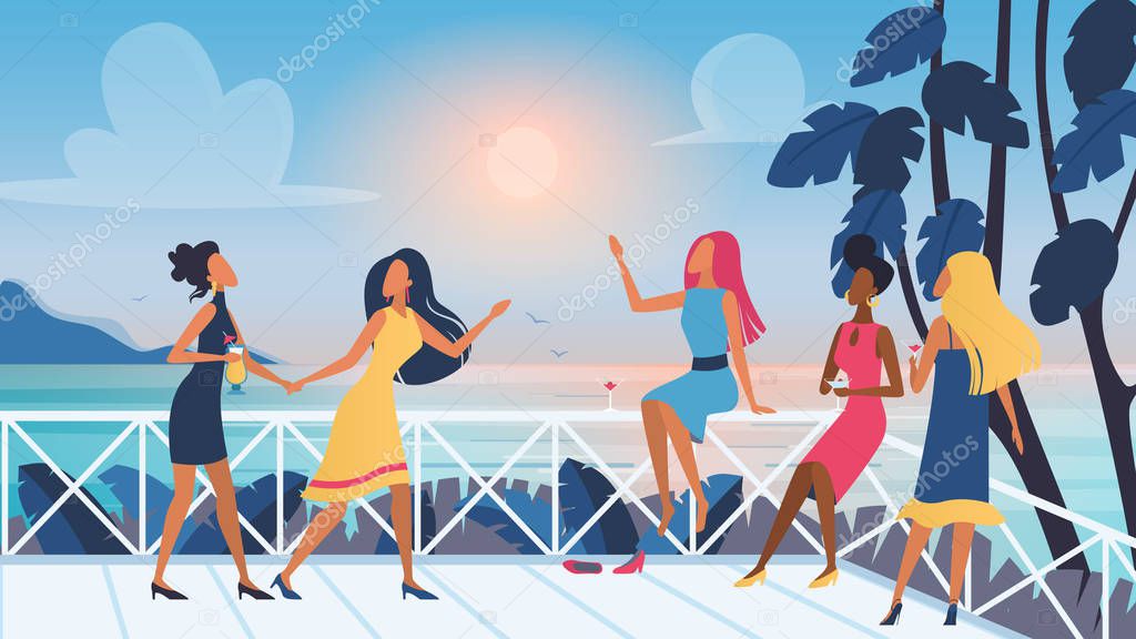 Group of vector pretty young women friends relaxing and spending time together on open air terrace with sunset sea view. Female characters drinking cocktails in club, dancing and communicating.