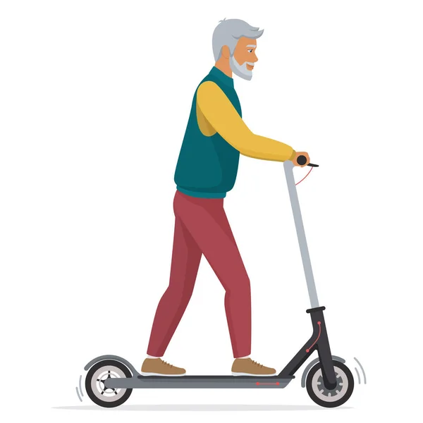 Oude senior man op elektrische scooter platte vector illustratie. Man gepensioneerde cartoon karakter rijden ecologisch schoon stedelijk voertuig. Grootvader in casual kleding met behulp van moderne personal transporter. — Stockvector
