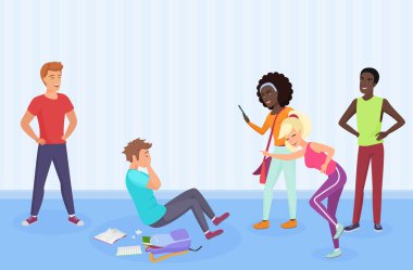 Etrafı dalga geçen, alay eden, dayanılmaz, yapışkan, göz korkutan, akıllı telefonlardan fotoğraf çeken sınıf arkadaşlarıyla çevrili üzgün genç bir çocuk. Okul sorunlu vektör illüstrasyonunda alay ve zorbalık.