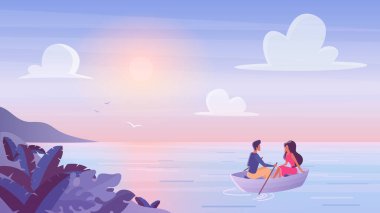 Romantik günbatımı saatinde tahta teknede yüzen genç bir çift. Teknede birlikte vakit geçirin. Aşk ilişkileri, yaz tatili, seyahat vektör illüstrasyonu.