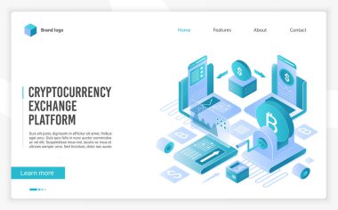 Bitcoin ve diğer dijital kripto para birimleri için kripto para piyasası. Kripto döviz platformu iniş sayfası şablonu. İzometrik vektör illüstrasyonu.