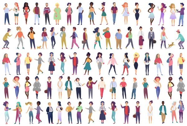 Grupo de moda de personajes de dibujos animados masculinos y femeninos vestidos con ropa de moda en diferentes poses. Multitud de personas diminutas que usan ropa elegante gradiente plano vector de color ilustración . — Vector de stock