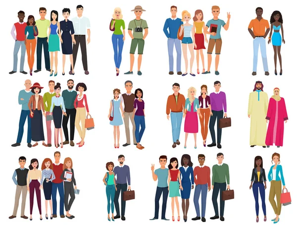 People groups and couples collection. Diverse cartoon humans in office and casual outfits clothes, young students isolated vector illustration. — Stock Vector