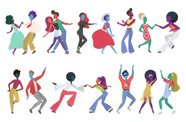 Multitud de jóvenes bailando en el club. Personajes con ropa elegante que se divierten en el conjunto de fiestas del club. Moderna ilustración vectorial de estilo retro — Vector de stock