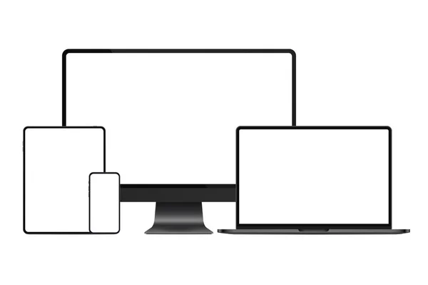 Nueva versión de metal negro oscuro modernos dispositivos electrónicos premium conjunto de maqueta. Ordenador, ordenador portátil, tableta de almohadilla y teléfono inteligente realista ilustración vectorial de alta calidad . — Vector de stock