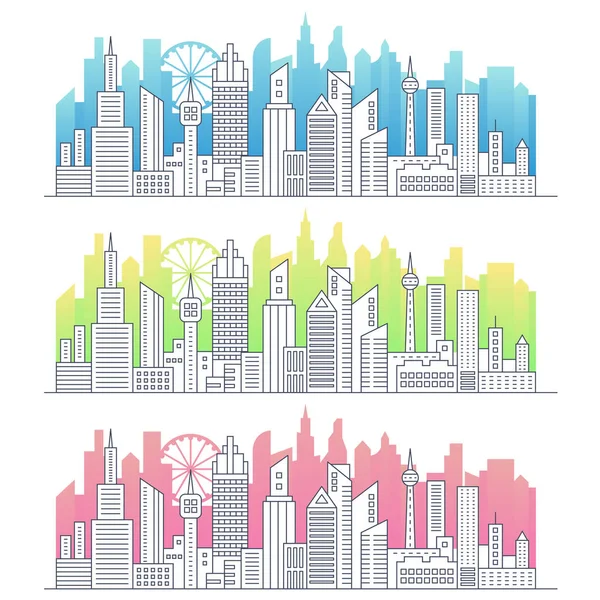 Arte de línea moderna de gran ciudad moderna paisaje urbano panorama con degradado color rascacielos vector ilustración . — Vector de stock