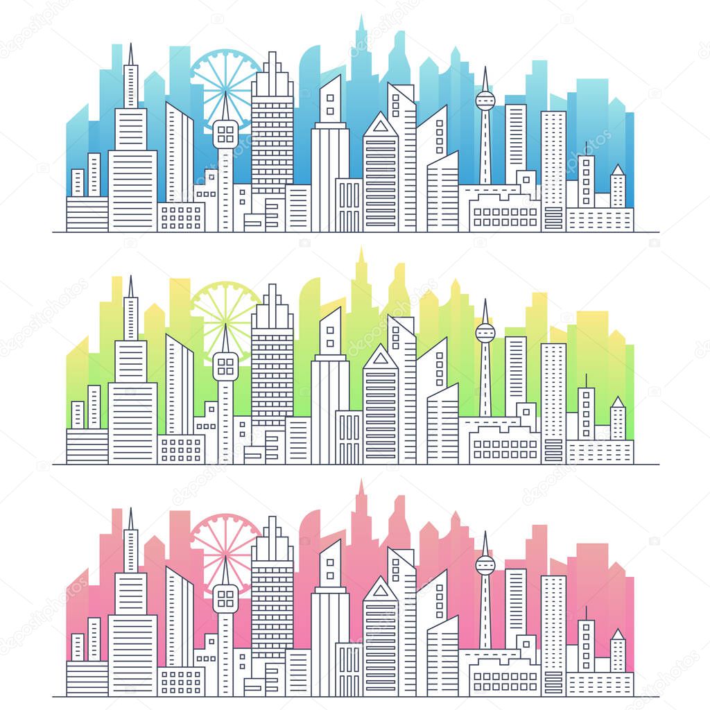Modern line art of modern big city cityscape panorama with gradient color skyscrapers vector illustration.