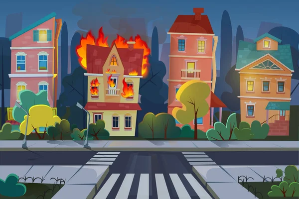 炎の都市の概念フラット漫画のベクトルイラスト。町の住宅パノラマ燃焼建物と — ストックベクタ
