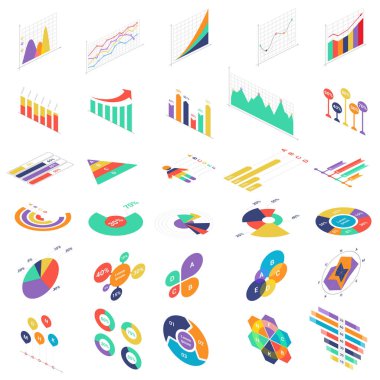 Düz 3d izometrik bilgi ögeleri simgeleri grafik grafikleri finans sektörü sunumu için ayarlandı. Veri istatistiği diyagramları bilgi-grafik vektör resimlemesi.