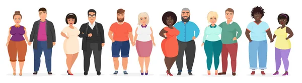 Desenhos animados feliz sorrindo plus size pessoas casais . — Vetor de Stock