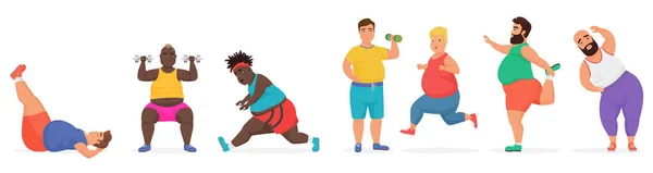 Divertido lindo gordito gordito hombre personajes conjunto haciendo ejercicios de entrenamiento de gimnasio. Deporte fitness grandes personas vector ilustración . — Vector de stock