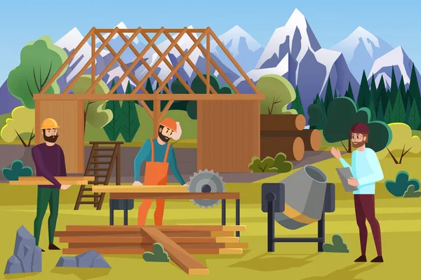 Gebouw houten huis met berg op de achtergrond cartoon platte vector illustratie concept — Stockvector