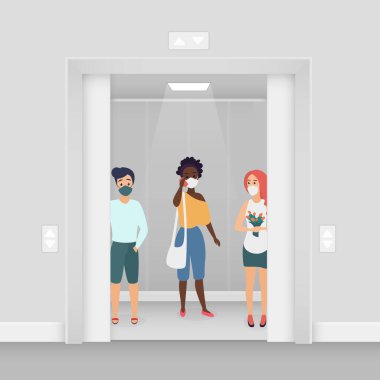 Asansör koronavirüsünde maskeli üç kadın karakter düz çizgi film konsept vektör çizimi