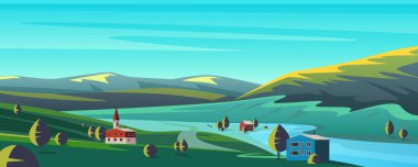 Dağlarda küçük bir kasaba düz karikatür çizimi vektör illüstrasyon arka planı