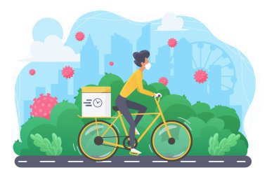 Sportive slim woman on bicycle in mask concept flat vector illustration clipart