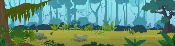 熱帯ジャングル漫画のパノラマベクトル図水平方向の背景 — ストックベクタ