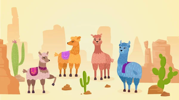 Piękne lamas charakter ręcznie rysowane wektor kreskówki ilustracja krajobraz — Wektor stockowy