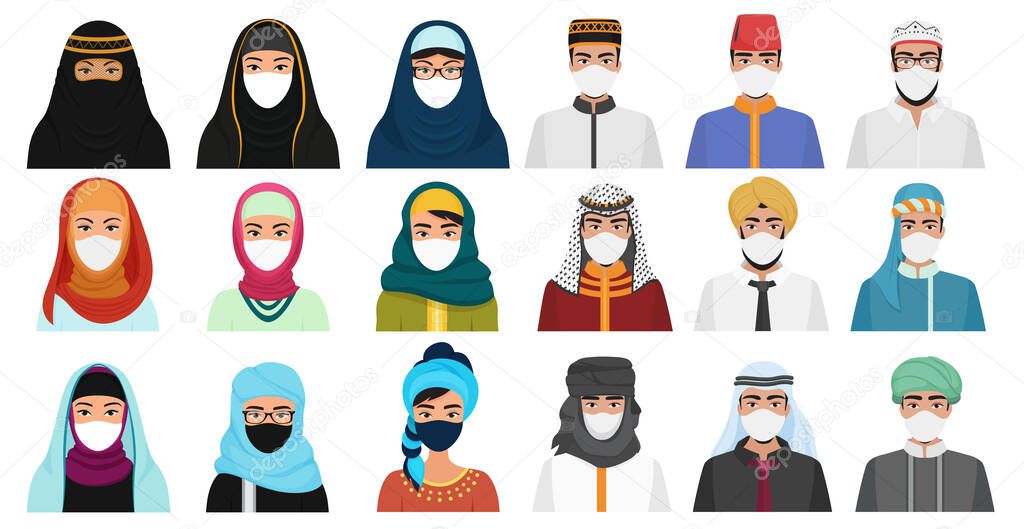 East men and women in masks character cartoon flat vector illustration coronavirus set