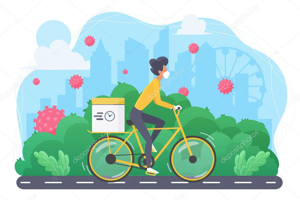 Sportive slim woman on bicycle in mask concept flat vector illustration