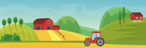 Rural landscape panorama with farm cartoon flat vector illustration concept. Panoramic Countryside fields, trees, high hills, red houses. Tractor on dirt road outroad in foreground. — Stock Vector