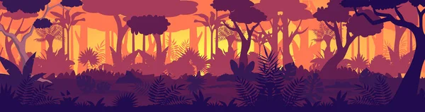 Vektor tropisk djungel solnedgång siluett panorama bakgrund. Golden Sun strålar i vild skog, frodig vegetation blir mörk. Träd, lianas, gräs ändra färger från ljus till natt skuggor spel design. — Stock vektor