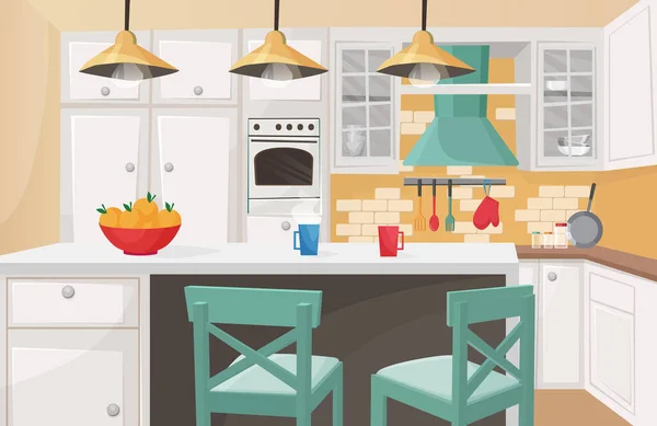 传统设计中的厨房内部平面漫画矢量插图.舒适的氛围，砖装饰的墙壁，可爱的橱柜门，粗糙的木椅，家具，厨房用具. — 图库矢量图片