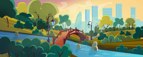 Ciudad jardín plano dibujos animados fondo panorama vector ilustración paisaje. Zona verde, río de agua azul, hermoso puente jorobado de madera en estilo antiguo, linternas en pilares, rascacielos en el horizonte . — Vector de stock